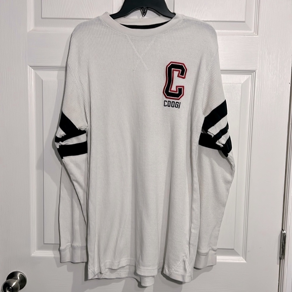 COOGI Men’s Waffle Knit Varsity Stripe Sweater- White & Black - Size XL